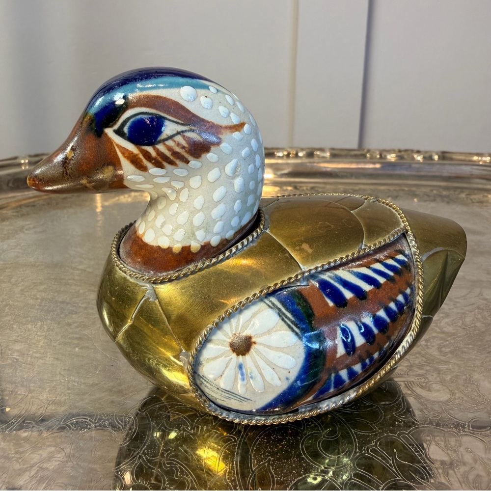 Porcelain & Brass Figurine Duck/Quail Mexico Folk Art Metal Blue & White Tonala